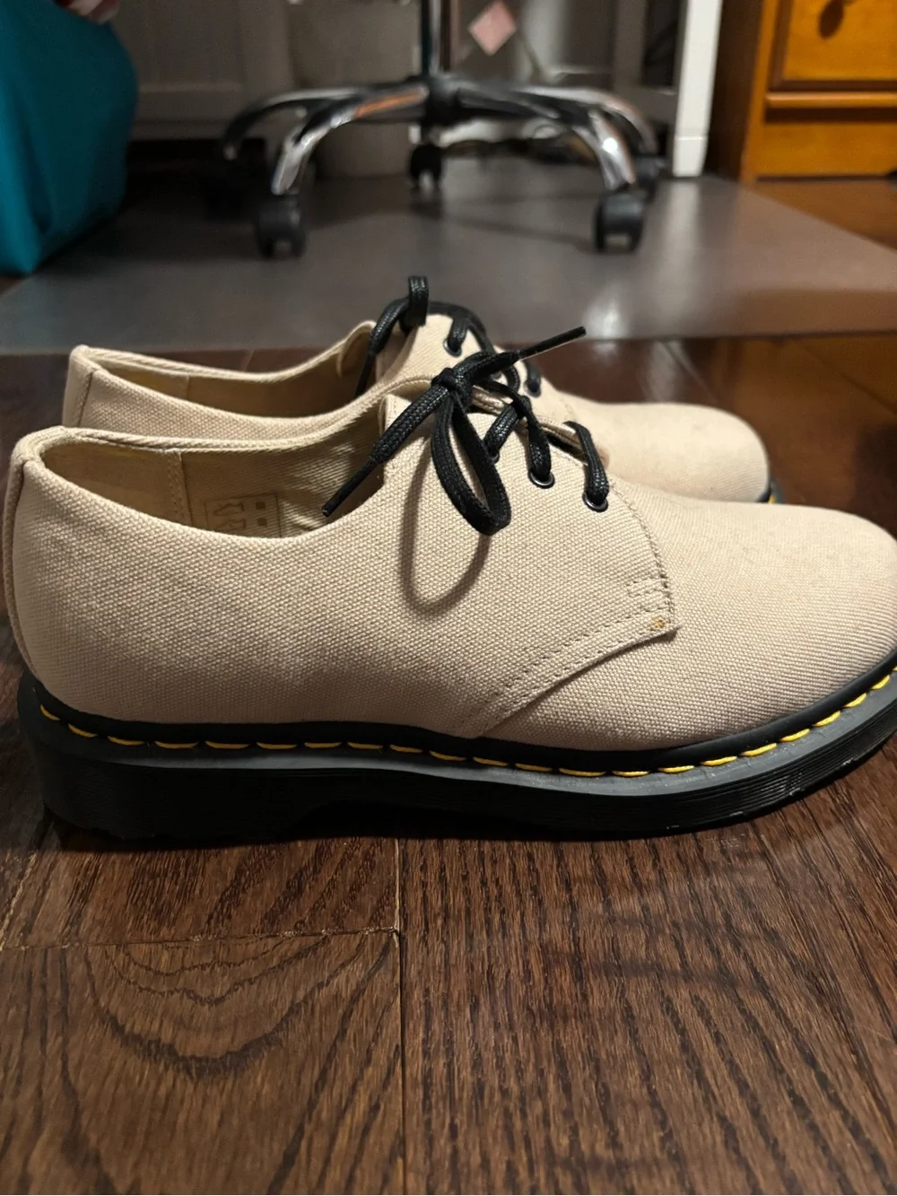 Dr. Martens Beige Canvas 3-Eye Lace Shoes with Black Laces
